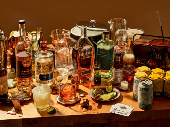 A spread of bar drinks and barware