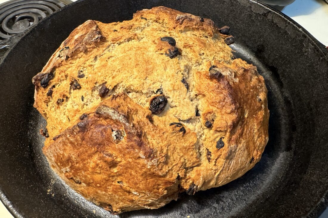 A loaf of bread in a skillet