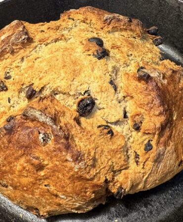 A loaf of bread in a skillet