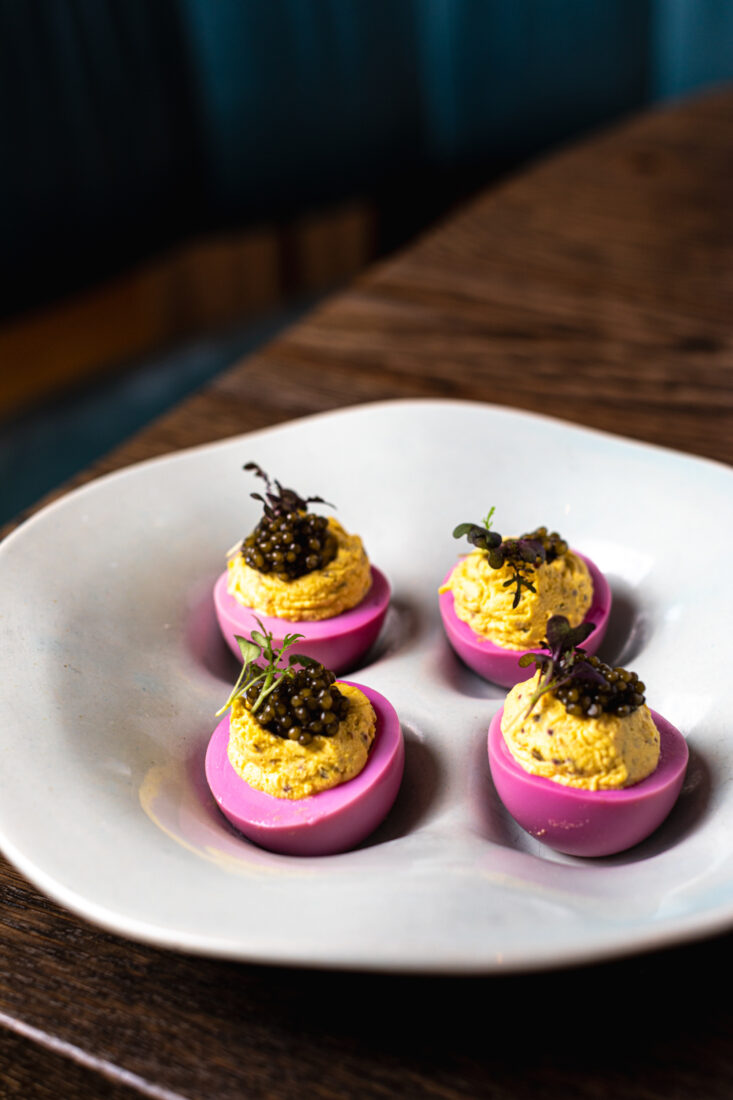 Pink deviled eggs