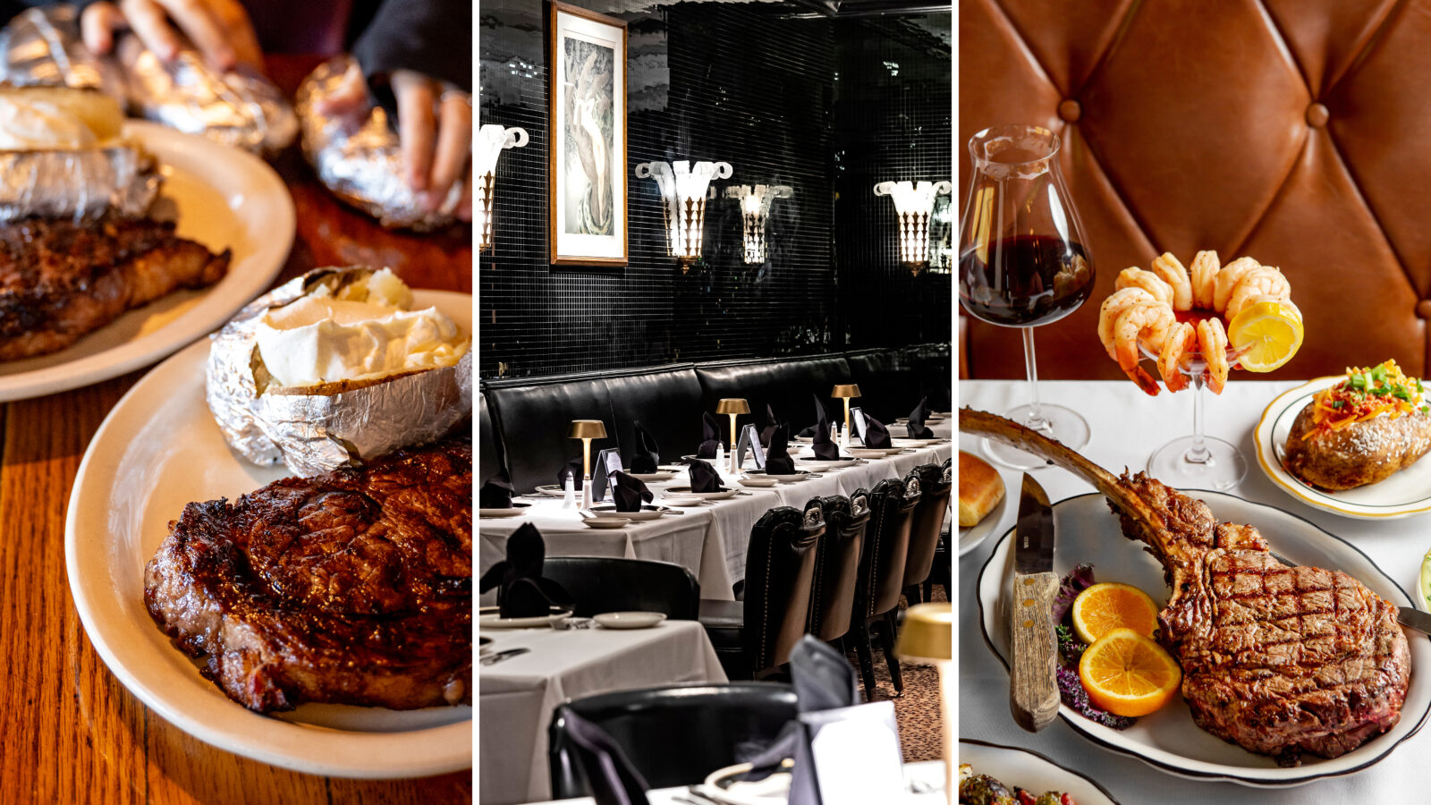 A collage of three photos showing the inside of steak houses