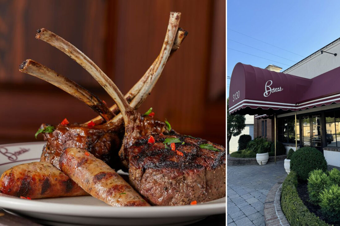 Two photos, one showing a steak dinner and the other the exterior of a restaurant