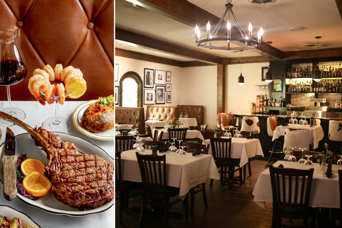 A photo of a steak and a dining area
