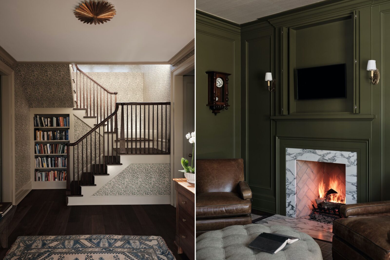 An entryway in a home; a green den with a tv over a fireplace