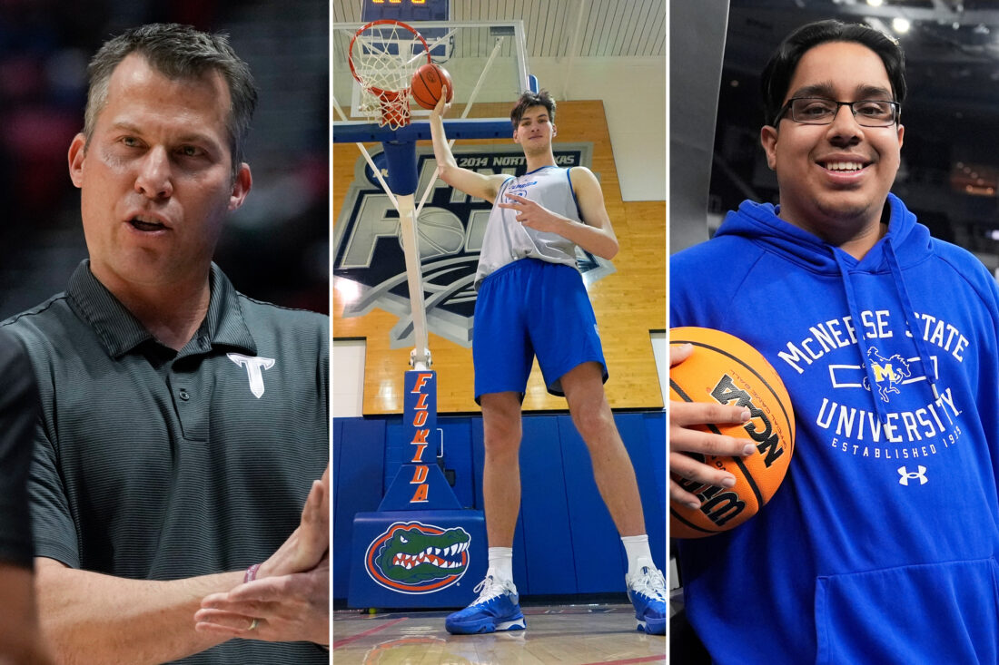 A collage of three images; a coach, a basketball player, and a manager holding a basketball