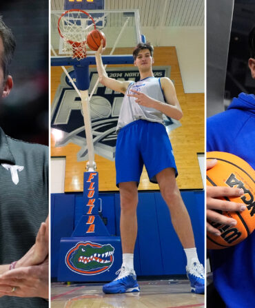 A collage of three images; a coach, a basketball player, and a manager holding a basketball