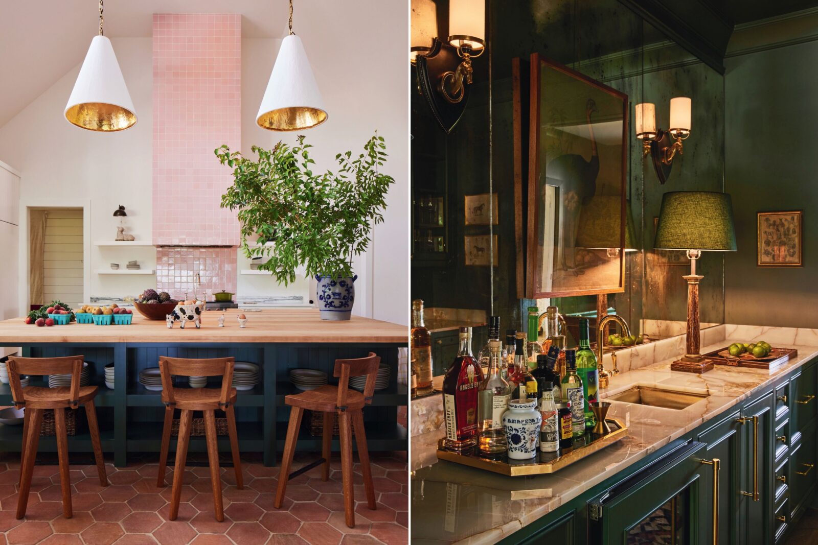 A pink-tiled kitchen; a mirrored bar with green walls and lamp