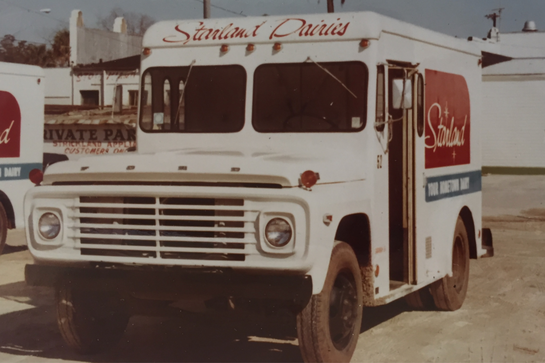 A vintage photo of a milk truck