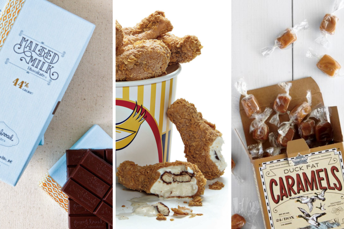 Three photos of desserts: chocolate bars, fried chicken-shaped ice cream bars, caramels