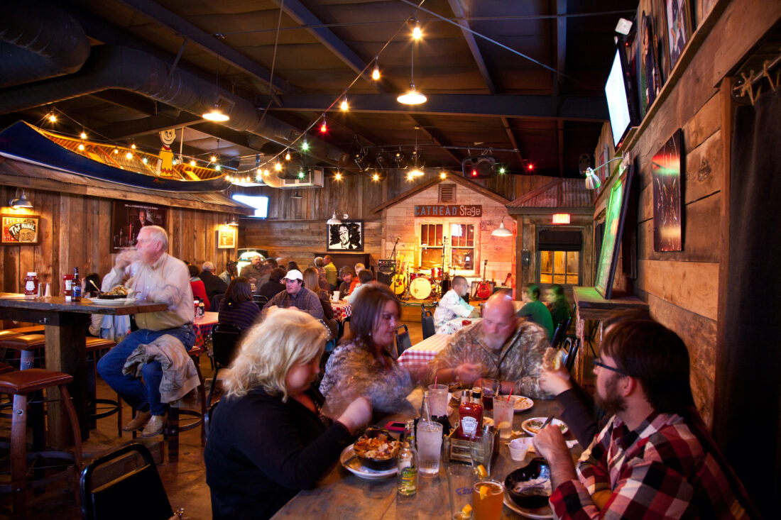 Inside a wood-covered restaurant and juke joint