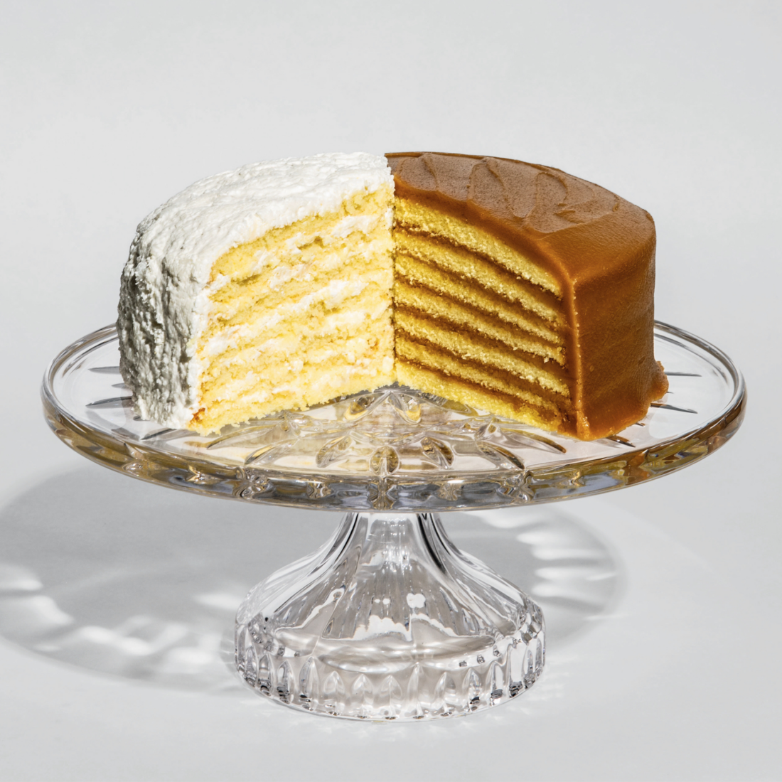 A layered cake on a cake stand