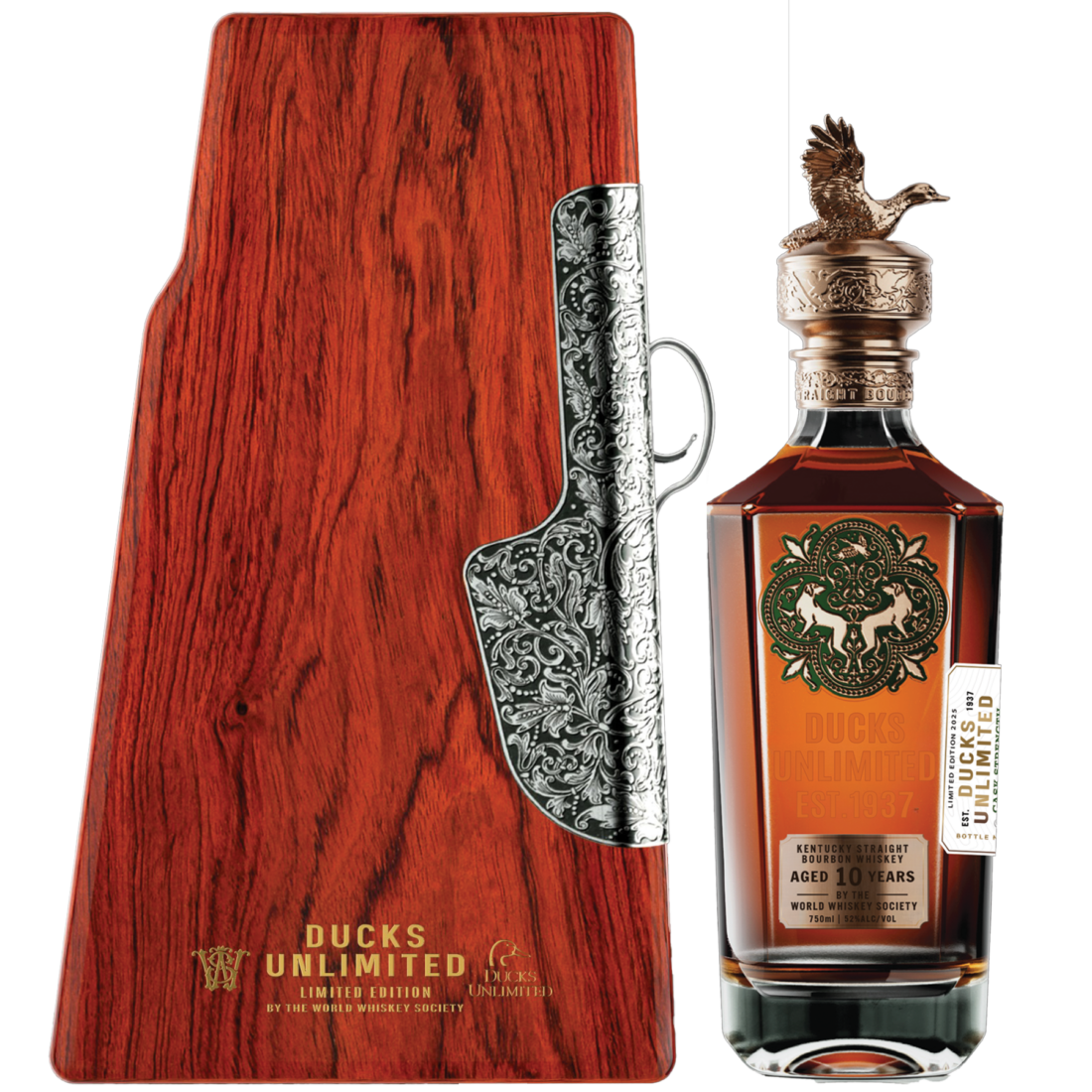 A bottle of bourbon beside a shotgun stock-shaped box