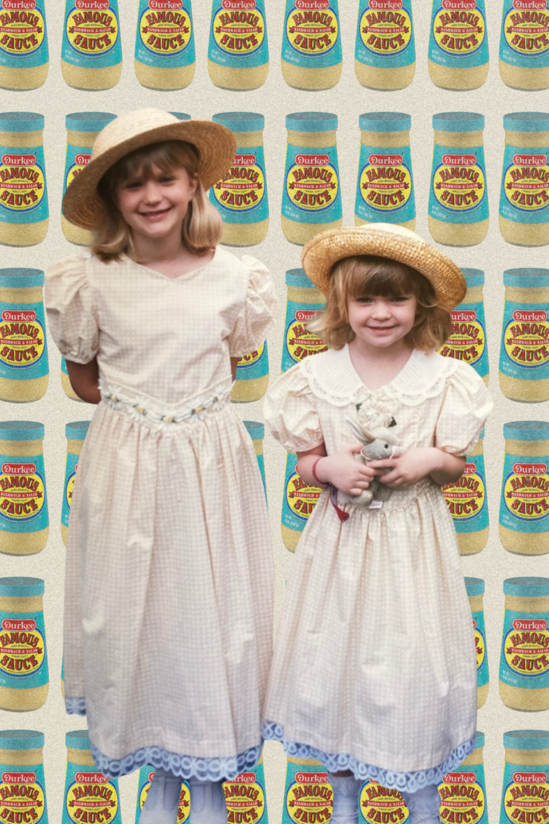 Two girls in dresses and hats in front of a pattern of sauce jars