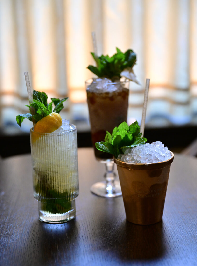 From left: Blade and Bow Five Keys Julep, Heaven Hill Sugar & Spice, and Woodford Reserve Double Barreled Mint Julep cocktails.