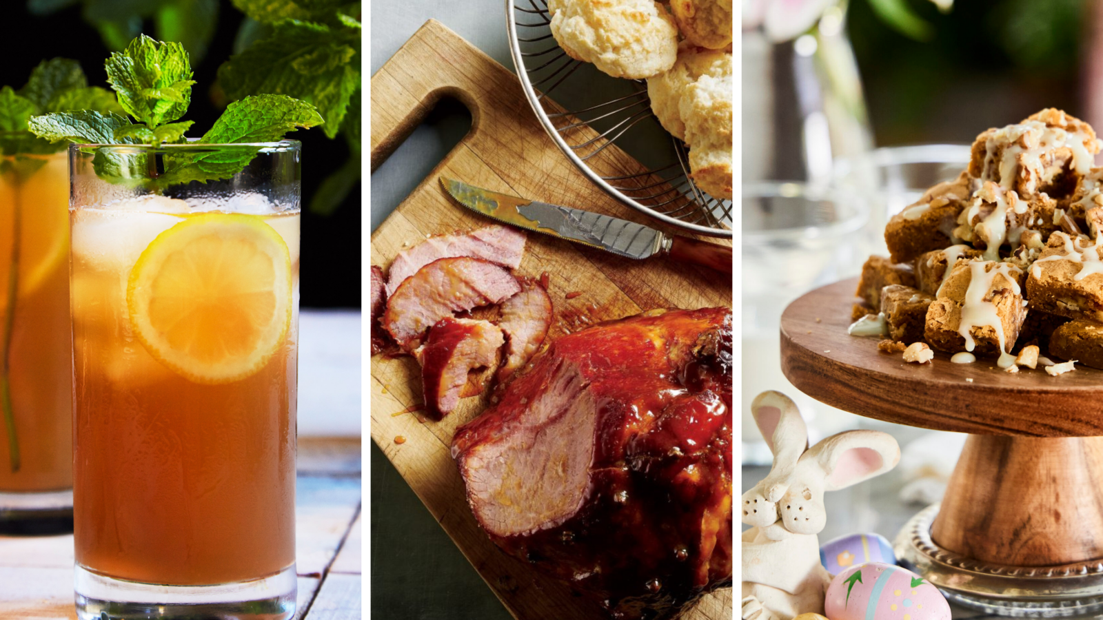 Three photos: a cocktail, ham and biscuits, blondies