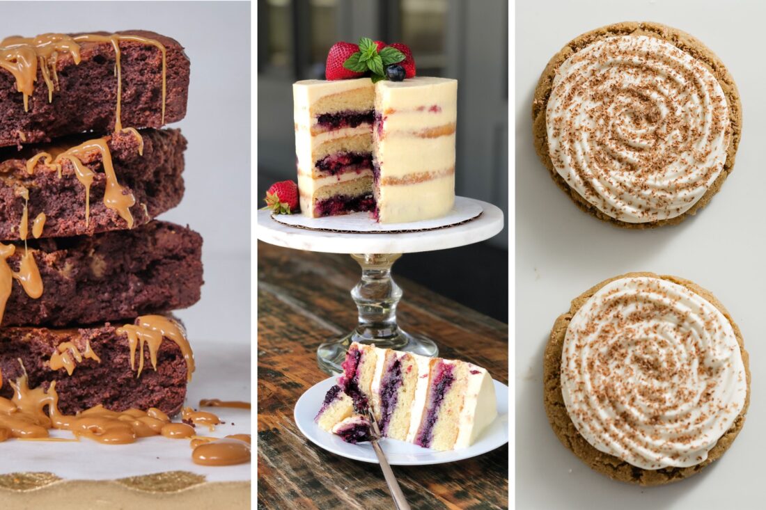 Three photos: a stack of brownies, a cake, two cookies