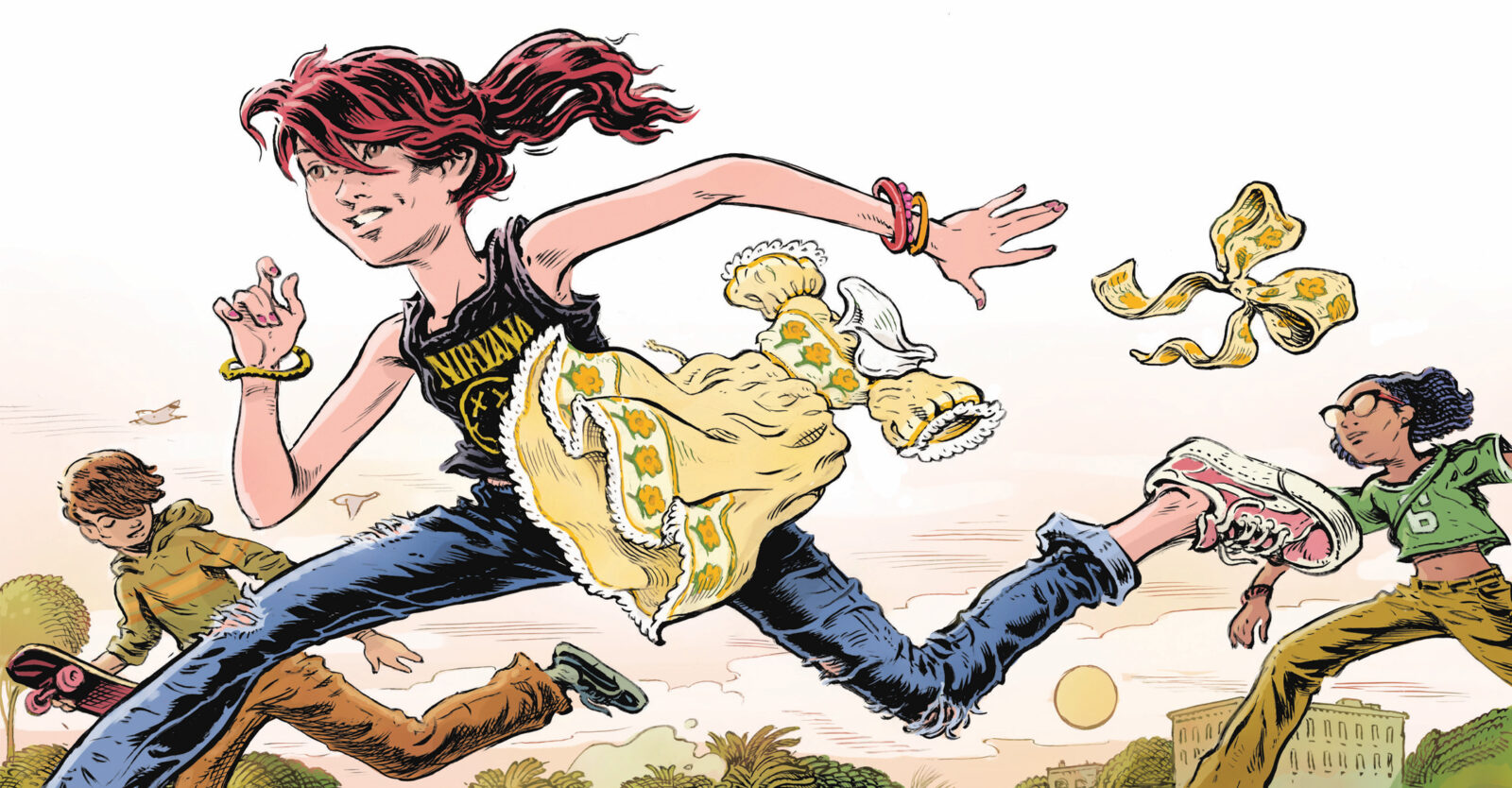An illustration of a girl running through bows and a frilly dress