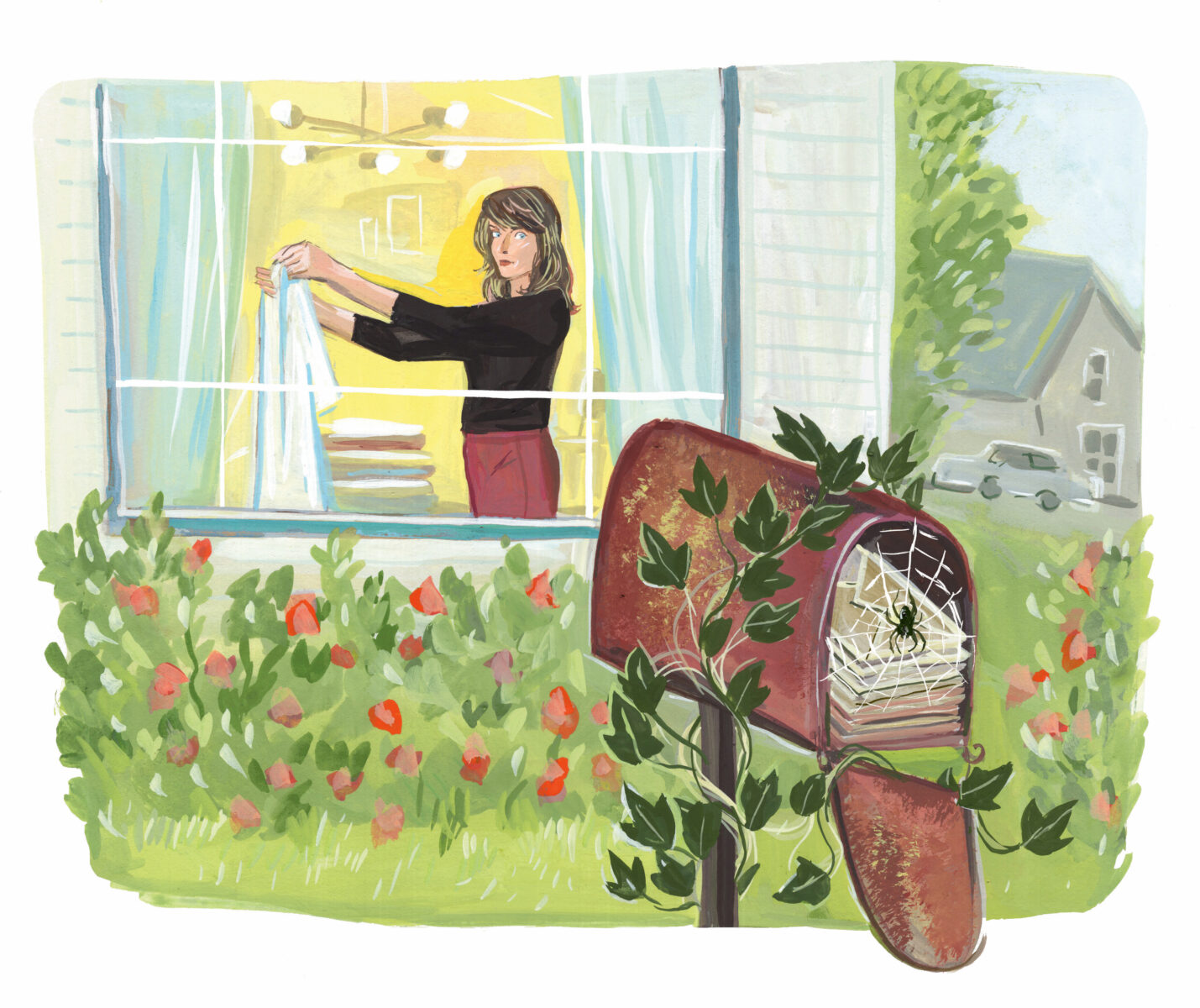An illustration of a woman looking out of a window at a mailbox full of mail and a spider web