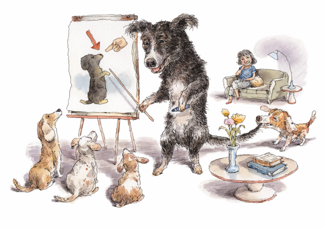 An illustration of an adult dog showing puppies a diagram of a dog snout