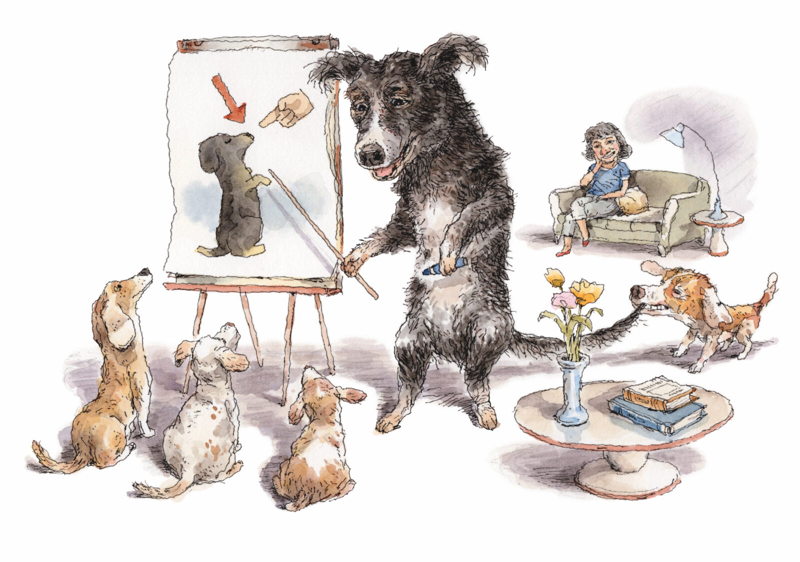 An illustration of an adult dog showing puppies a diagram of a dog snout