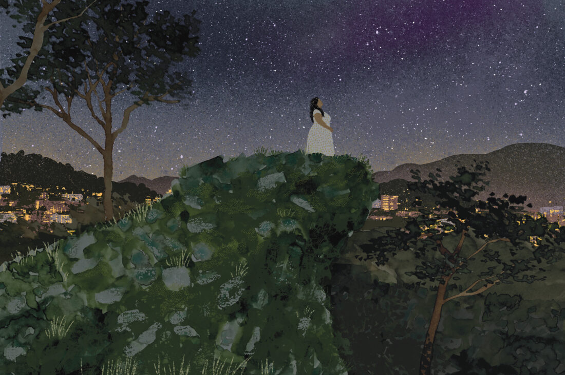 An illustration of a woman standing in a landscape under the stars