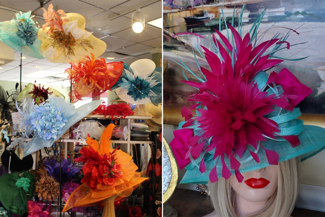 Two photos: A display of colorful hats, a teal hat with hot pink accents