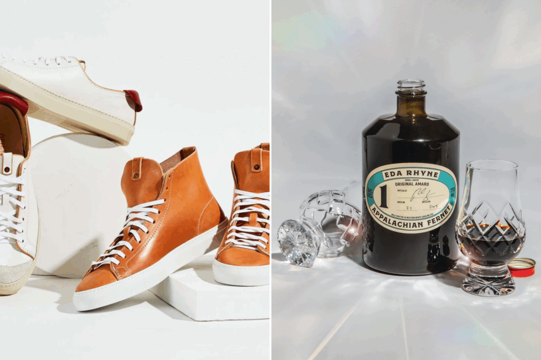 Two photos: two pairs of sneakers, a bottle of Appalachian Fernet
