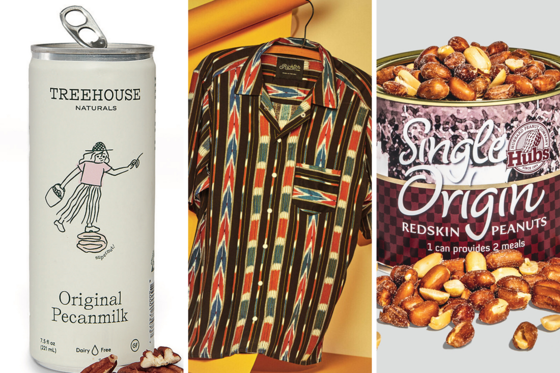 Three photos: a can of pecanmilk, a patterned shirt, and a canister of peanuts