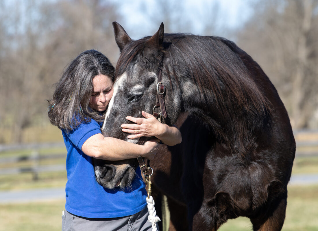 A woman hugs the head of a dark horse with a white face