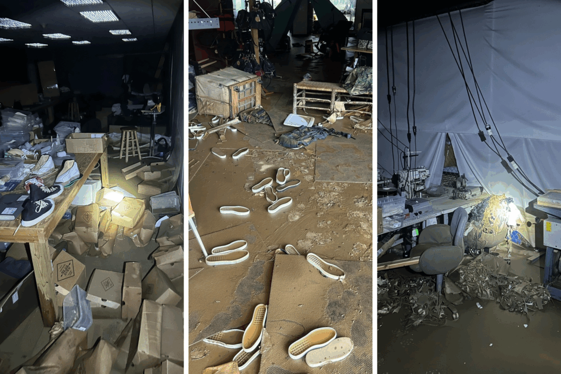 Three photos of a flooded factory after a hurricane