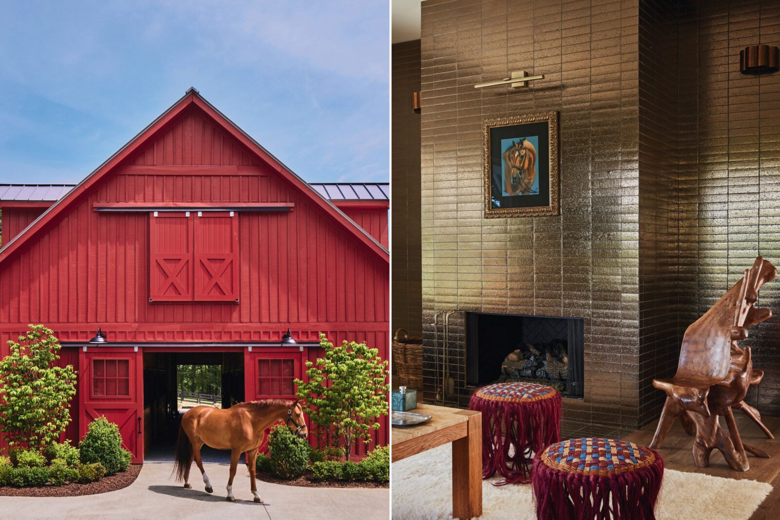 A red barn with a horse walking in front of it; a gold-brick fireplace in a living room