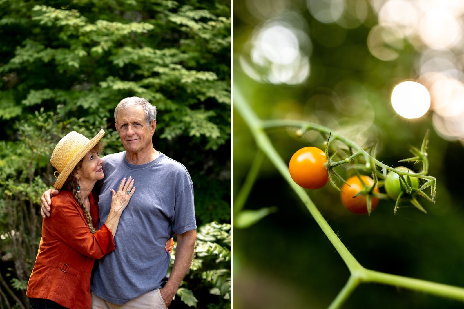 A portrait of a man and woman outside; spoon tomatoes on a vine