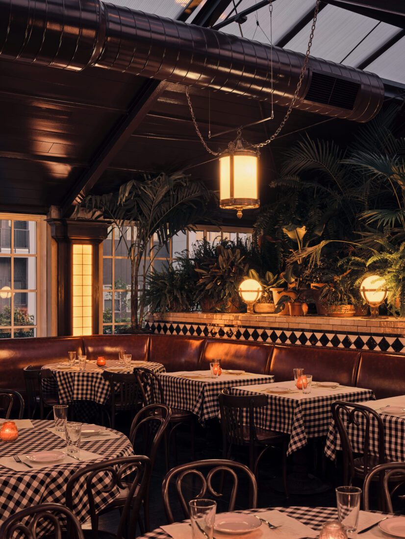 Potted plants line dark brown booths. Lanterns hang from the ceiling