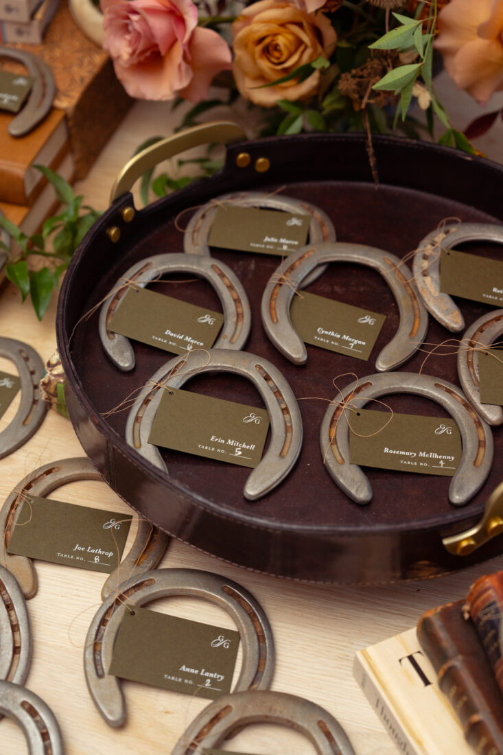 Horseshoe table placements inspired by The Hayloft, an old horse barn located at Cataloochee Ranch.