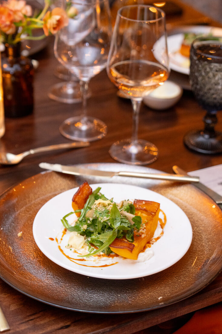 Rose Gold Wine compliments chef Dissen’s Smoked Candy Roaster Squash with Pink Lady Apple molasses, black pepper ricotta, pear & arugula salad, cider vinaigrette, hazelnut picada, and pepper mash.