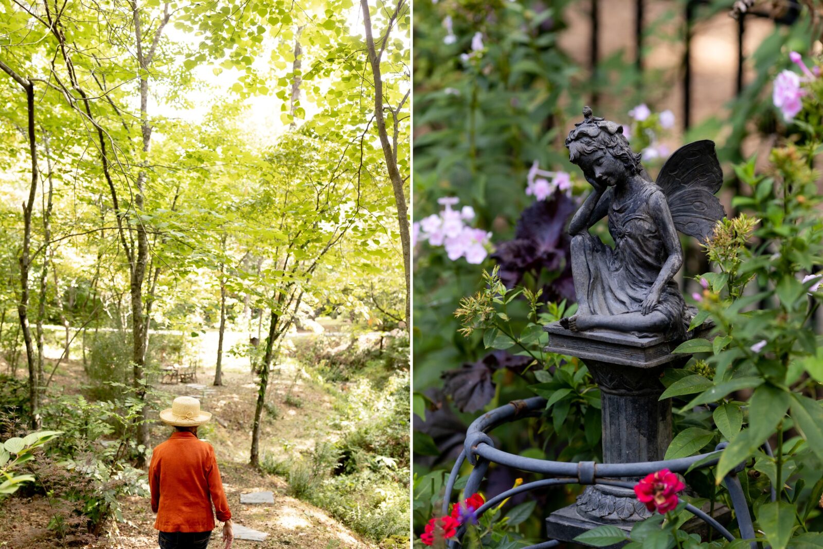 A woman walks outside; a garden statue