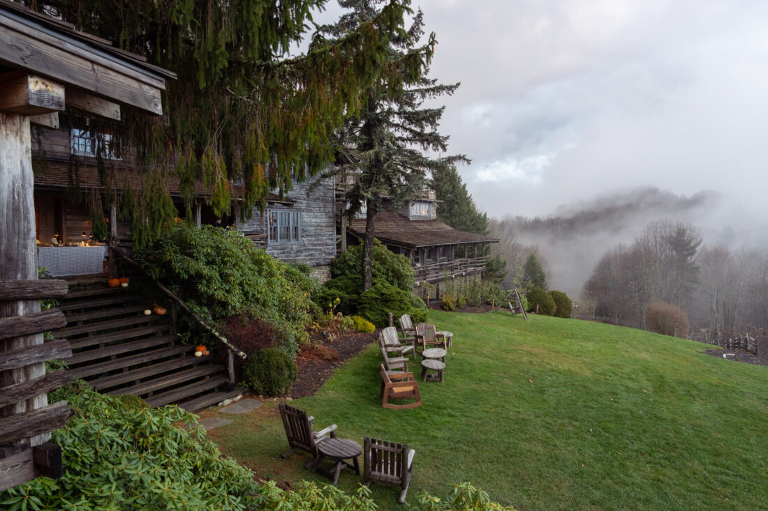 The morning view of the Great Smoky Mountains from the Dogtrot and Lawn at The Swag House.