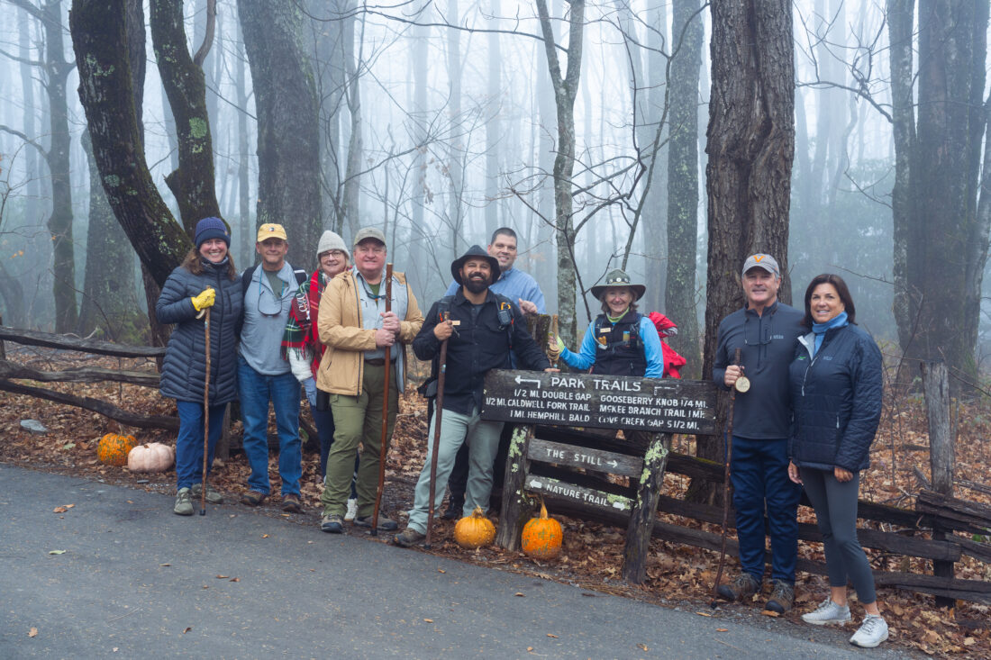 Following The Swag’s experts in residence, Steven Reinhold and Lynda Doucette, guests hike the Great Smoky Mountains trail, including (from left) Ali Karn, Paul and Lyn Attaway, Jim Sharpton, Sam Cole, Steven Reinhold, Lyndia Doucette, Kurt and Linda Harrison.