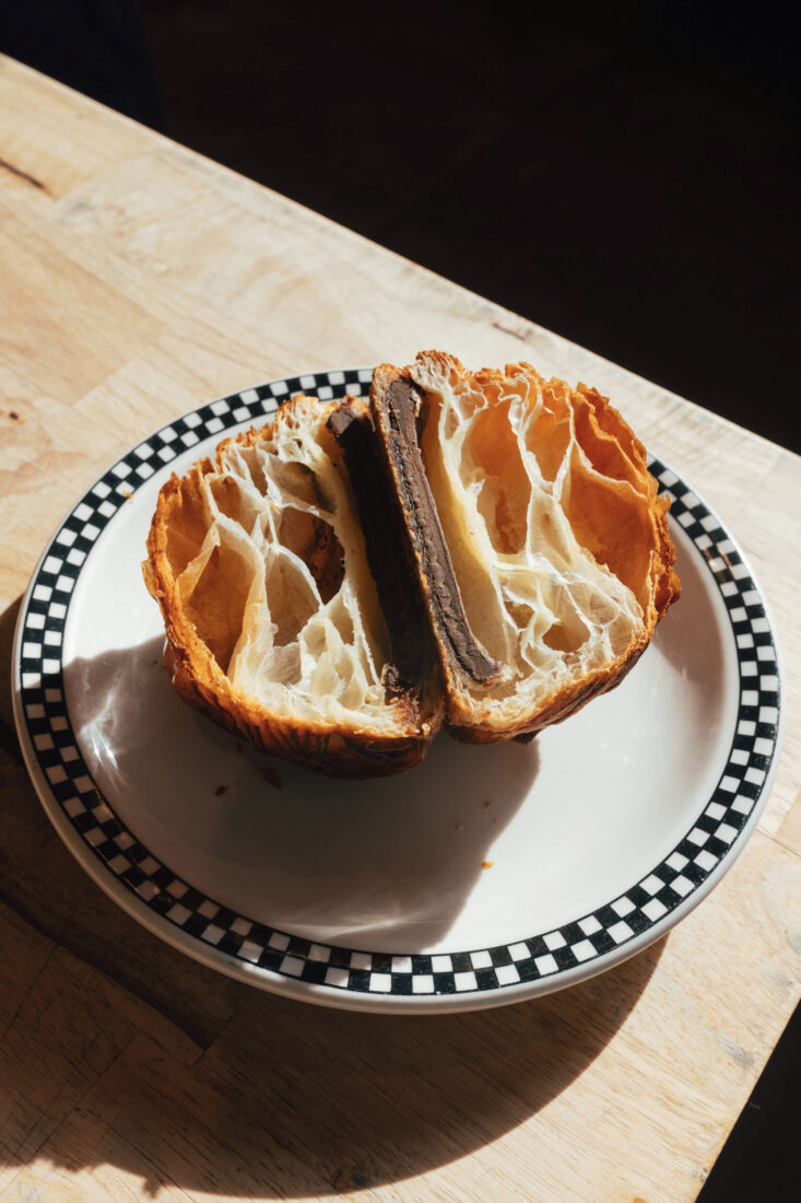 A chocolate croissant’s gorgeous interior.