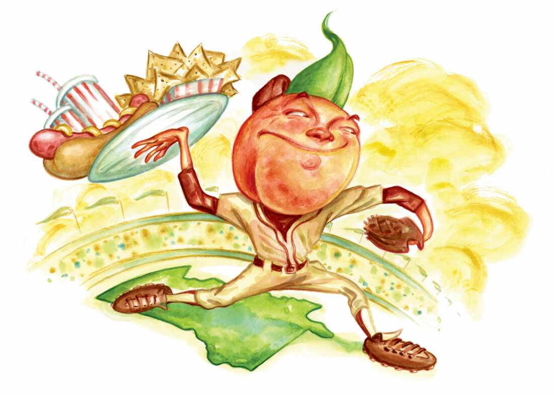An illustration of peaches playing baseball