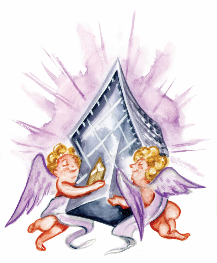 An illustration of angels holding a church