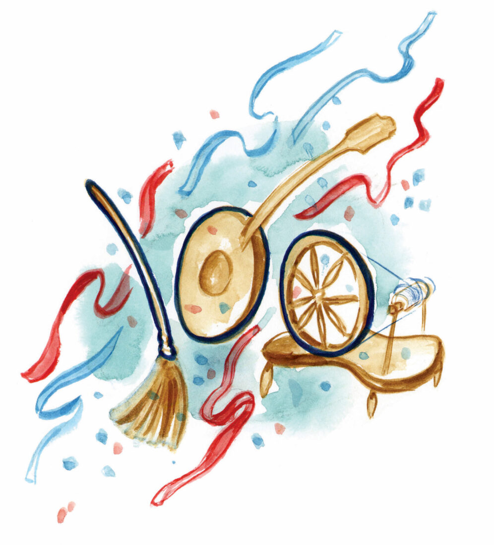 An illustration of broom, banjo, and loom with confetti