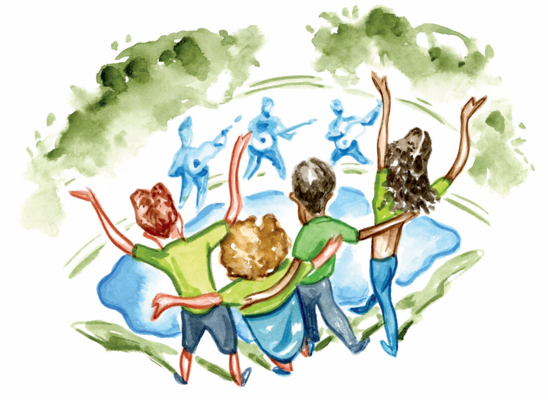 An illustration of people gathered around a pond