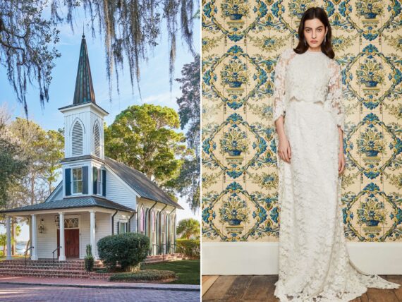 Two photos: The exterior of a chapel, a woman in a wedding dress