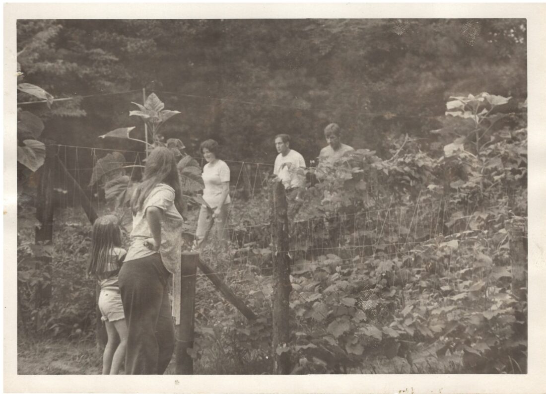 A vintage photo of five people in a garden