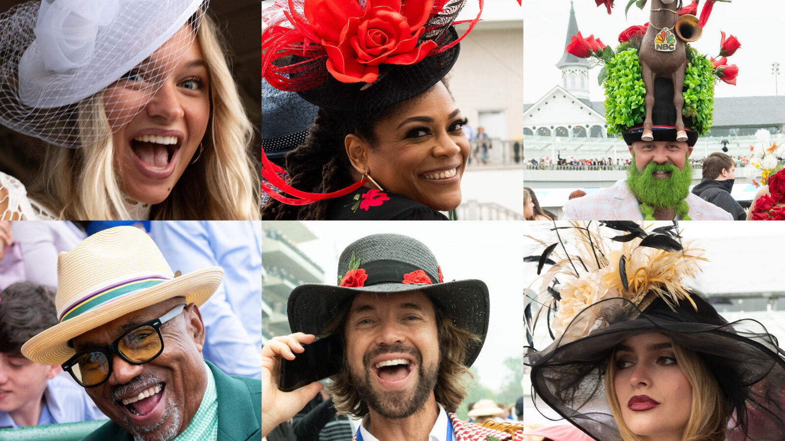 Six photos of people wearing hats at the Kentucky Derby