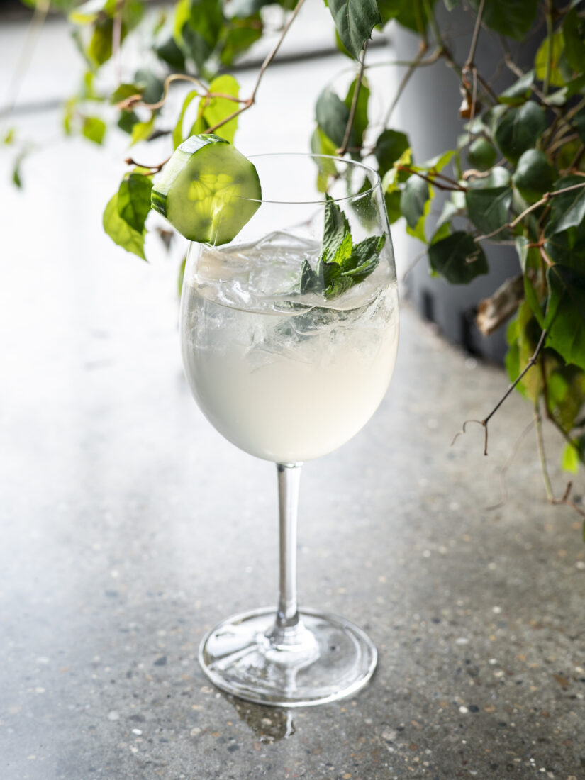 Appalachian Spritz: Shine Girl Rosé Moonshine, prosecco, cucumber mint citrus cordial, and sparkling water.