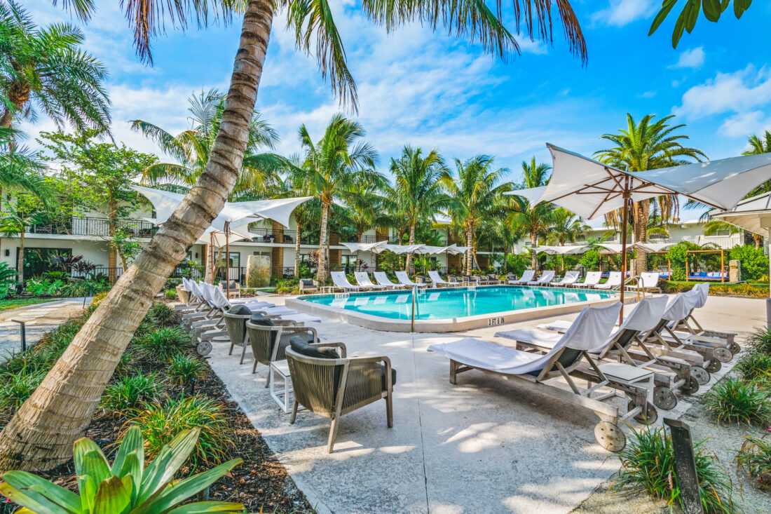 An outdoor pool surrounded by chairs and palm trees