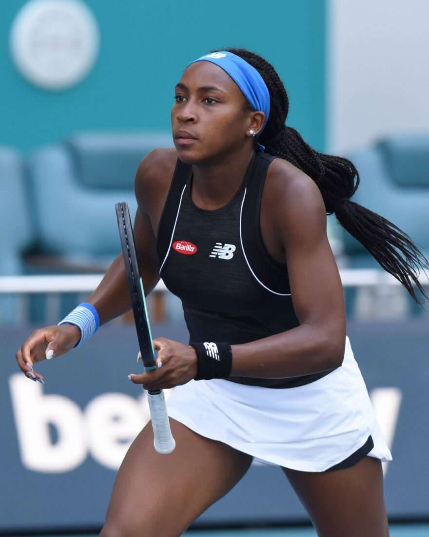 A woman plays tennis
