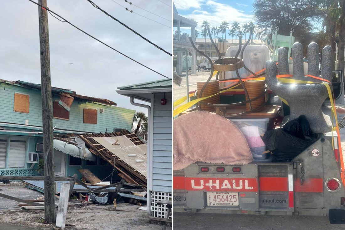 Two photos of damage after storms